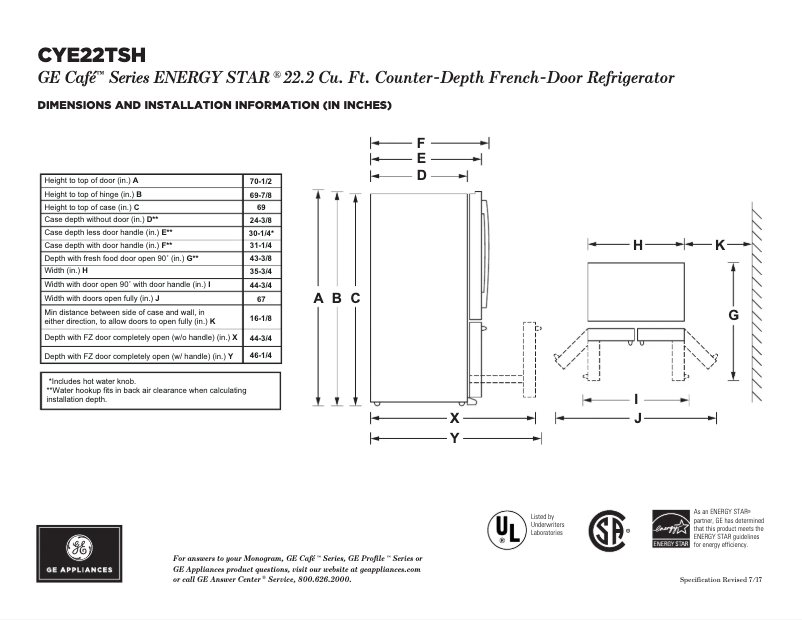 Page 1 of the manual Technical Sheet GE Café CYE22TSHSS