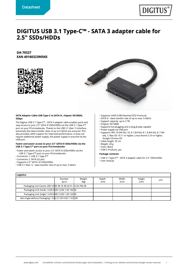 Page 1 of the manual Technical Sheet Digitus DA-70327