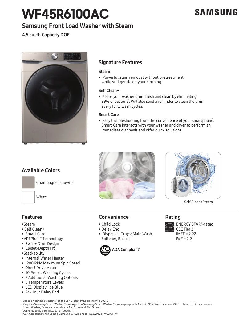 Page 1 of the manual Technical Sheet Samsung WF45R6100AW