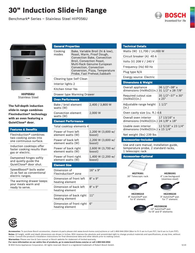 Page 1 of the manual Technical Sheet Bosch HIIP056UC