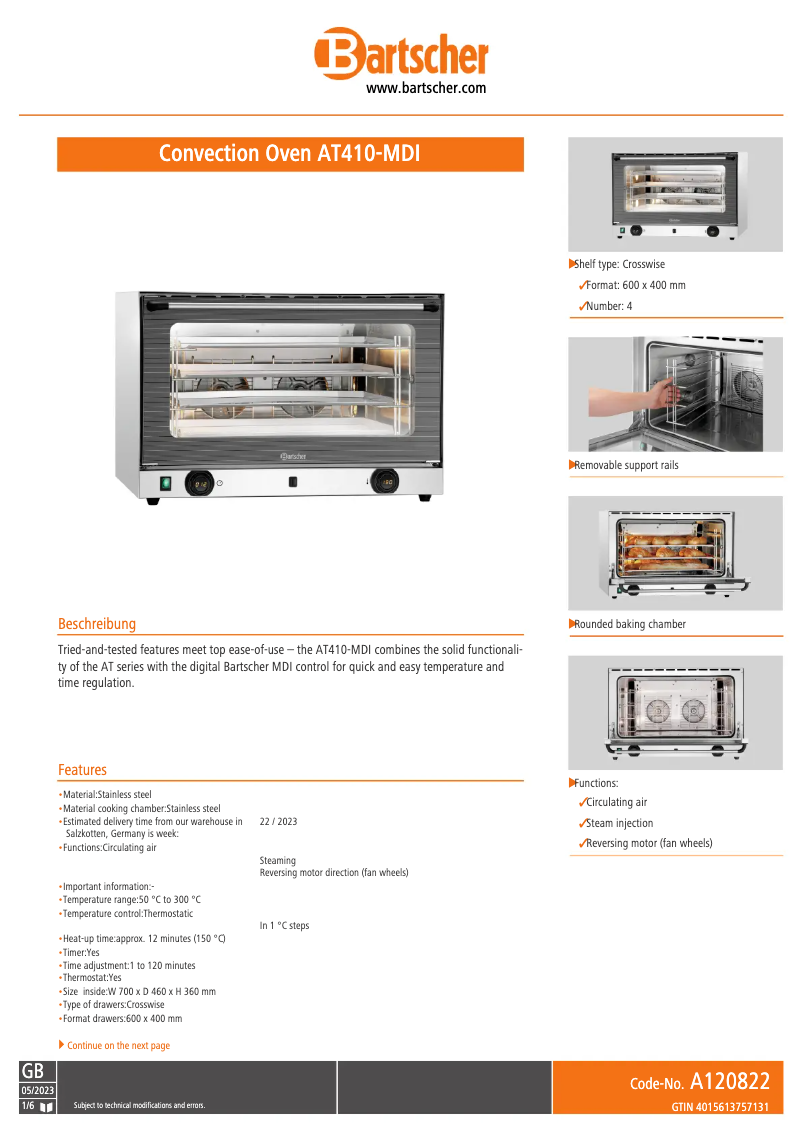 Page 1 of the manual Technical Sheet Bartscher AT410-MDI
