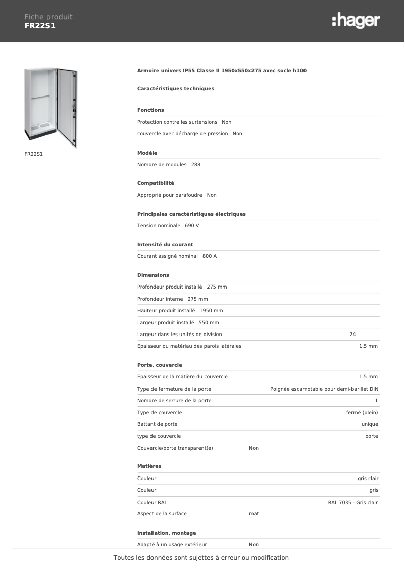 Page 1 of the manual Technical Sheet Hager FR22S1