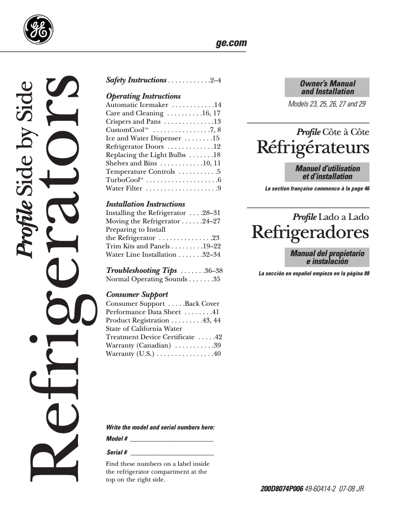 Page 1 of the manual Use and Maintenance Manual GE Profile PSSF3RGXCC