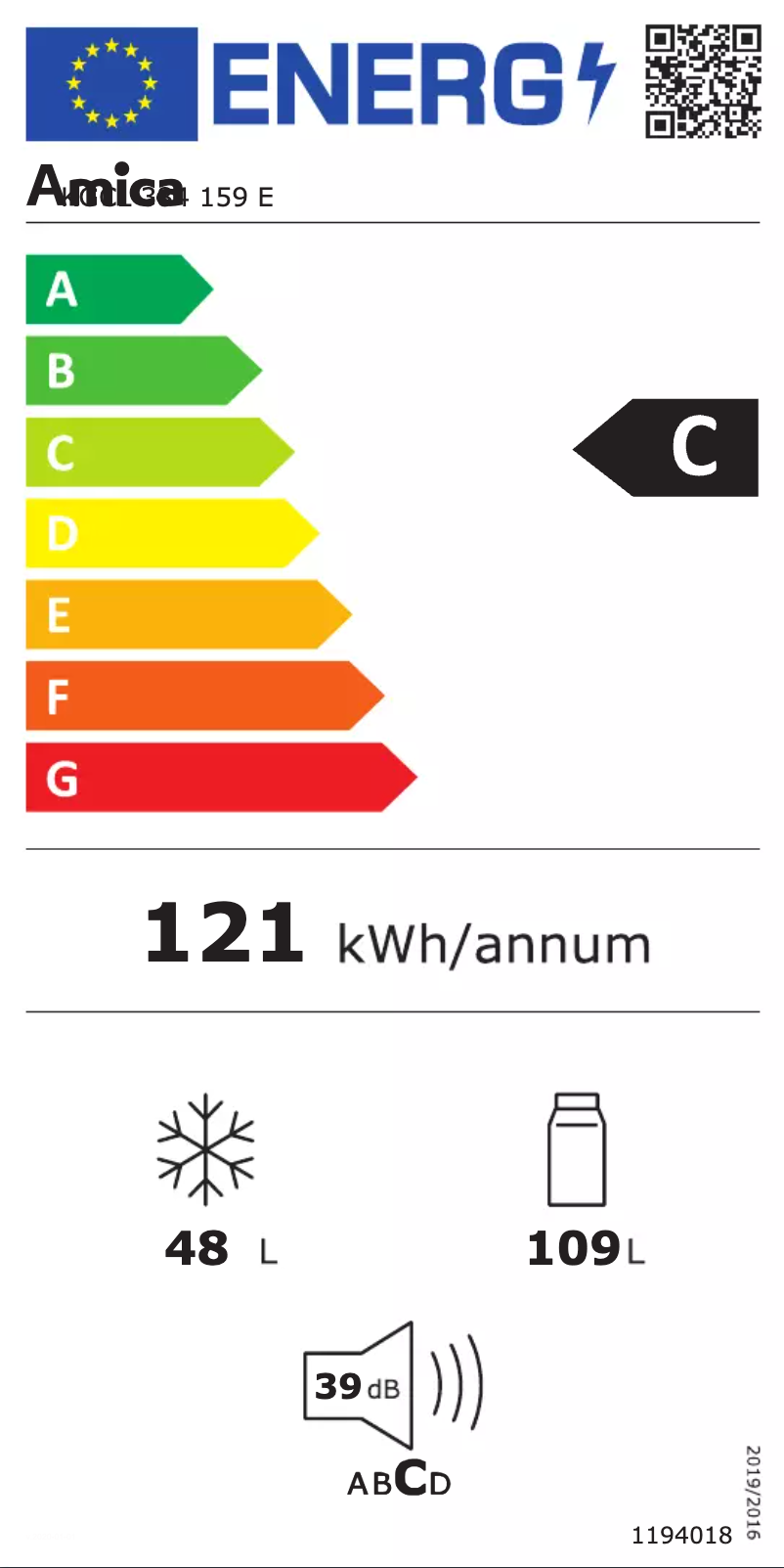 Page 1 of the manual Energy Label Amica KGCL 384 159 E