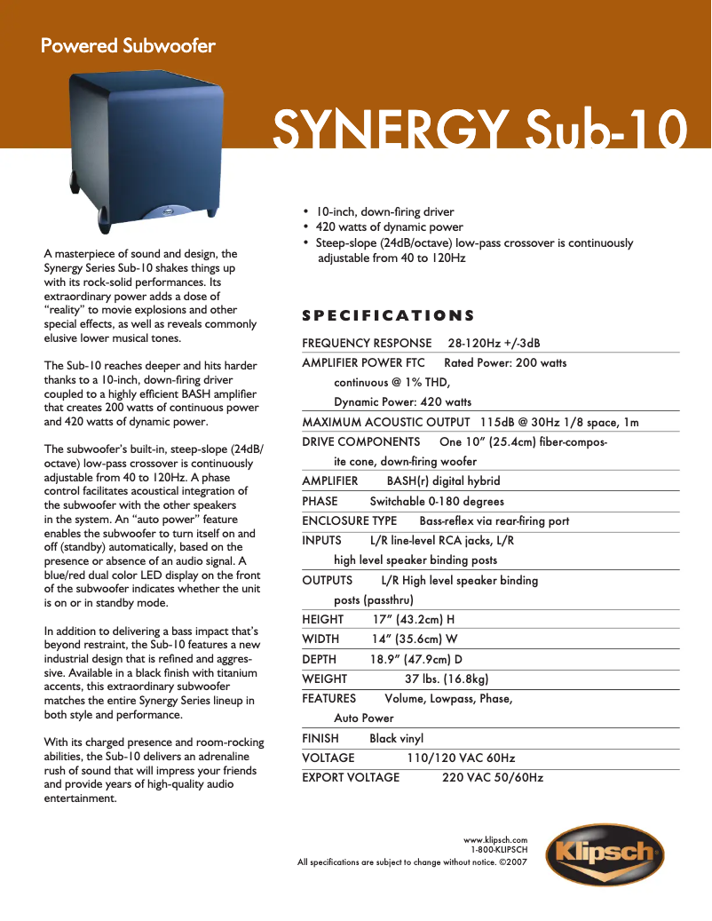 Page 1 of the manual Technical Sheet Klipsch SUB-10