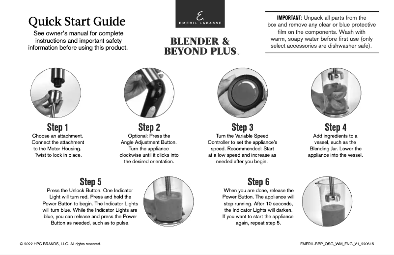 Page 1 of the manual Quick Start Guide Emeril Lagasse Blender & Beyond Plus HB2248S