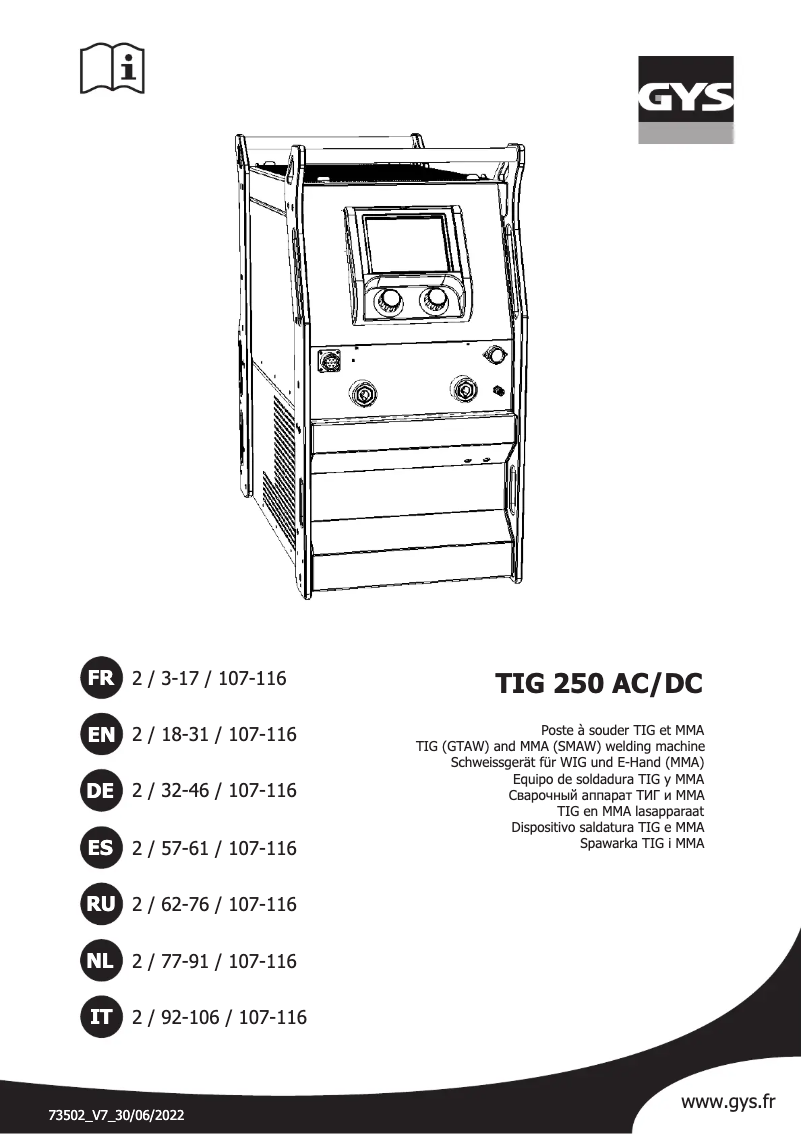 Page 1 of the manual User Manual GYS TIG 250 AC/DC