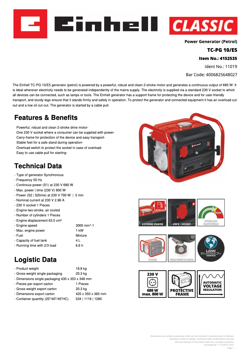 Page 1 of the manual Technical Sheet Einhell TC-PG 10/E5