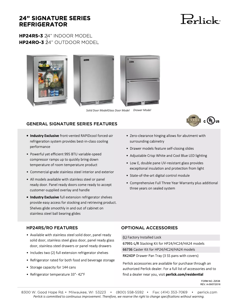 Page 1 of the manual Technical Sheet Perlick Signature Series HP24RO36