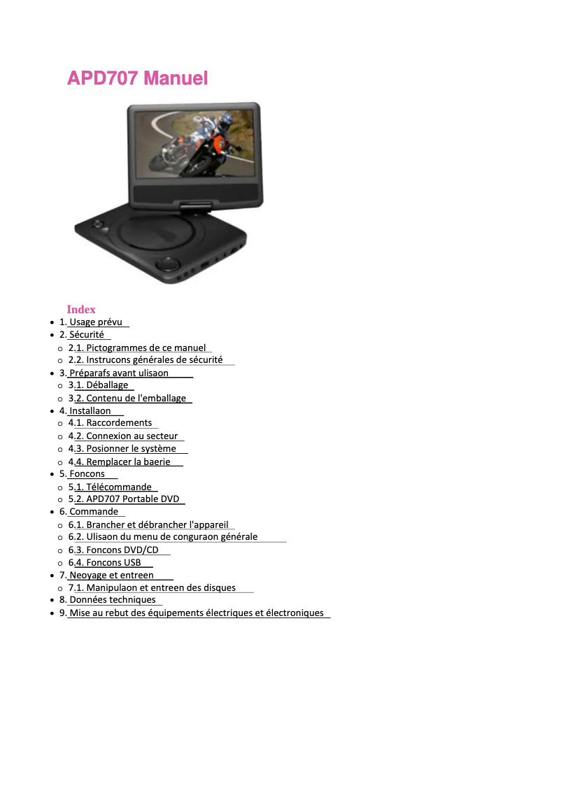 First page image of the manual for APD707