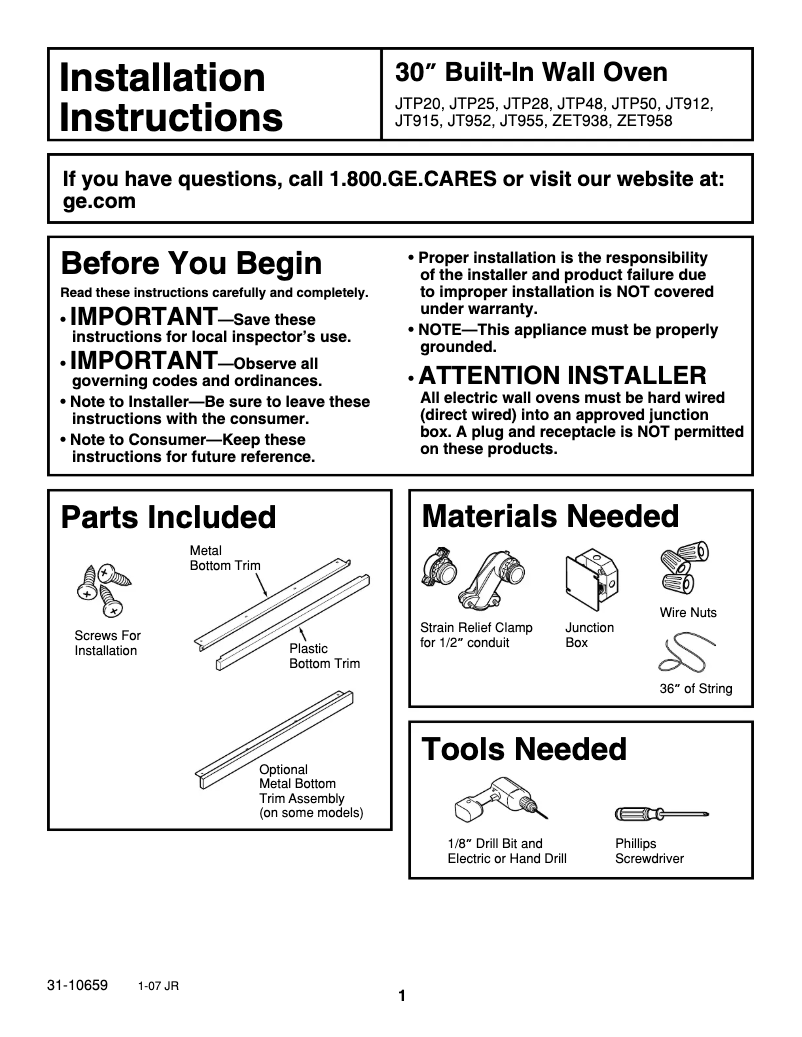 Page 1 of the manual Installation Guide GE JTP48SFSS