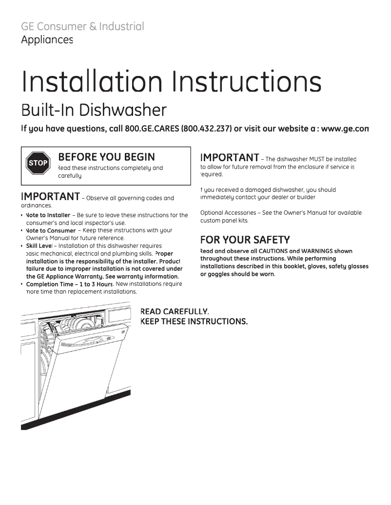 Page 1 of the manual Installation Guide GE GLD6800NWW