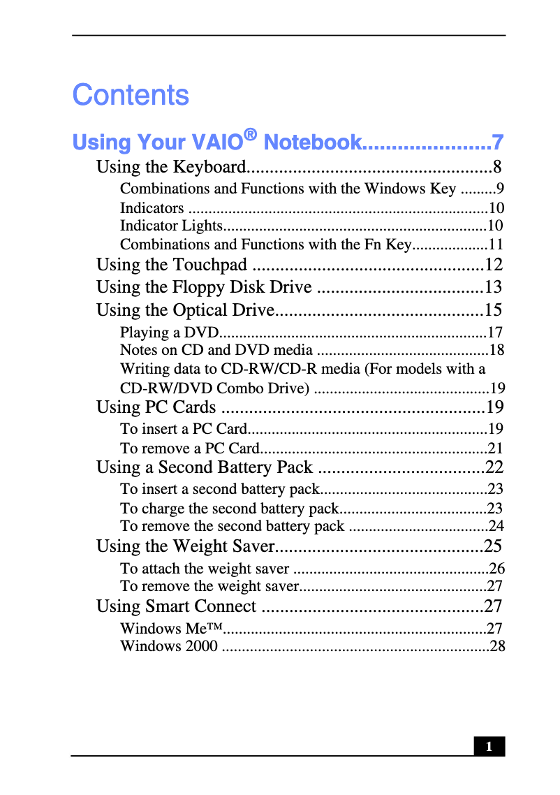 First page image of the manual for Vaio PCG-FX250K