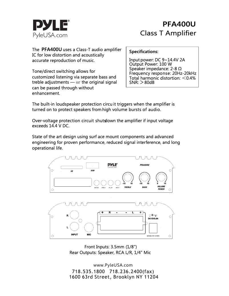First page image of the manual for PFA400U