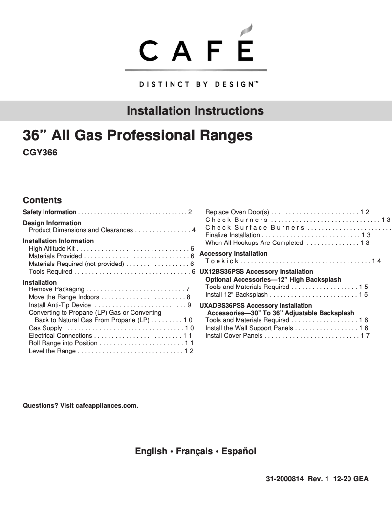 Page 1 of the manual Installation Guide GE Café CGY366P4TW2