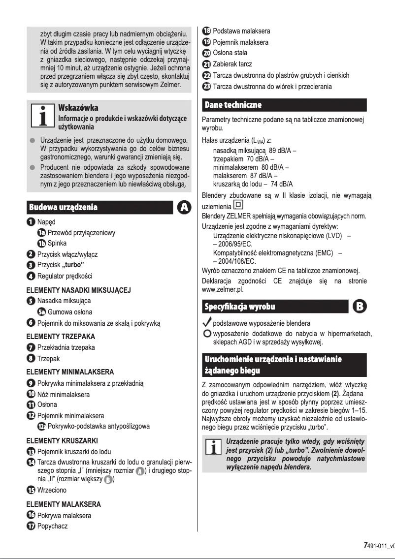 Page 1 of the manual User Manual Zelmer ZHB1320B