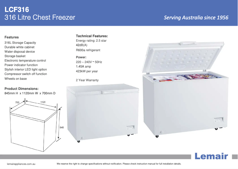 Page 1 of the manual Technical Sheet Lemair LCF316