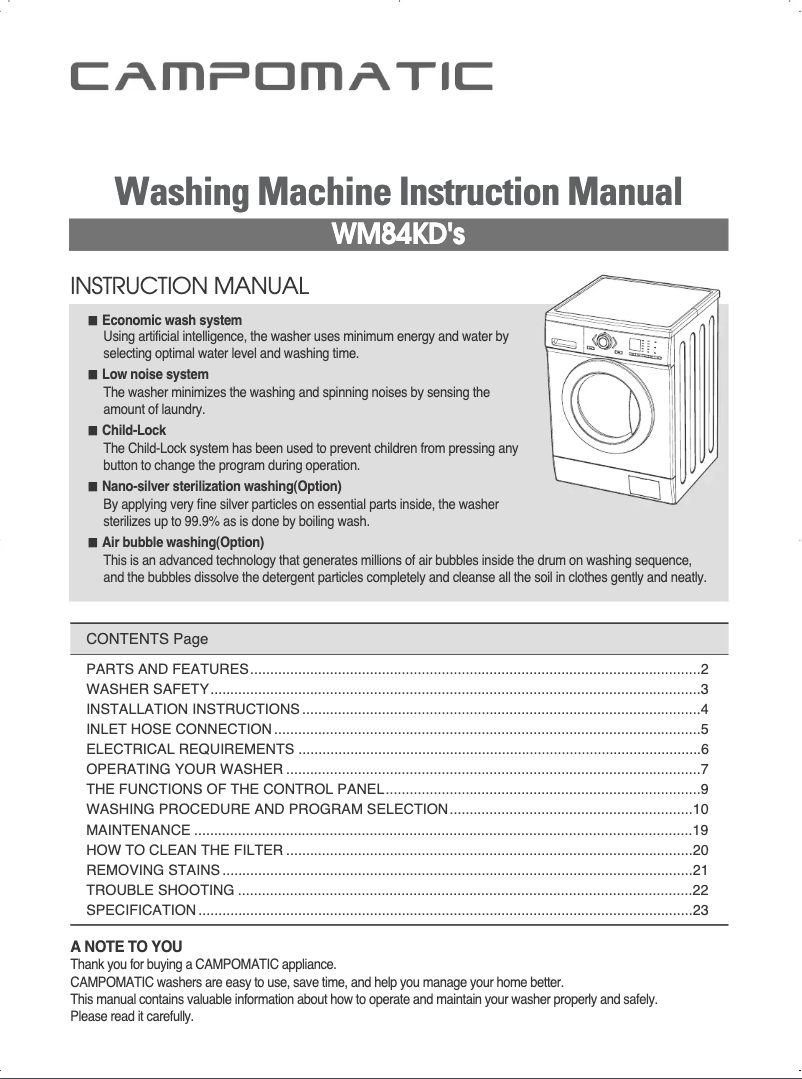 Page 1 of the manual User Manual Campomatic WM84KD