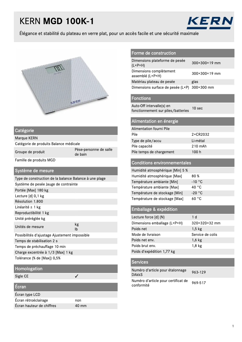 Page 1 of the manual Technical Sheet Kern MGD 100K-1