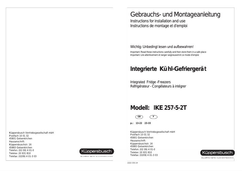 Page 1 de la notice Manuel utilisateur Küppersbusch IKE 257-5