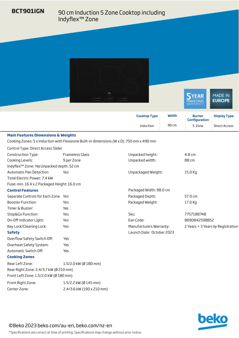 Page 1 of the manual Technical Sheet Beko BCT901IGN