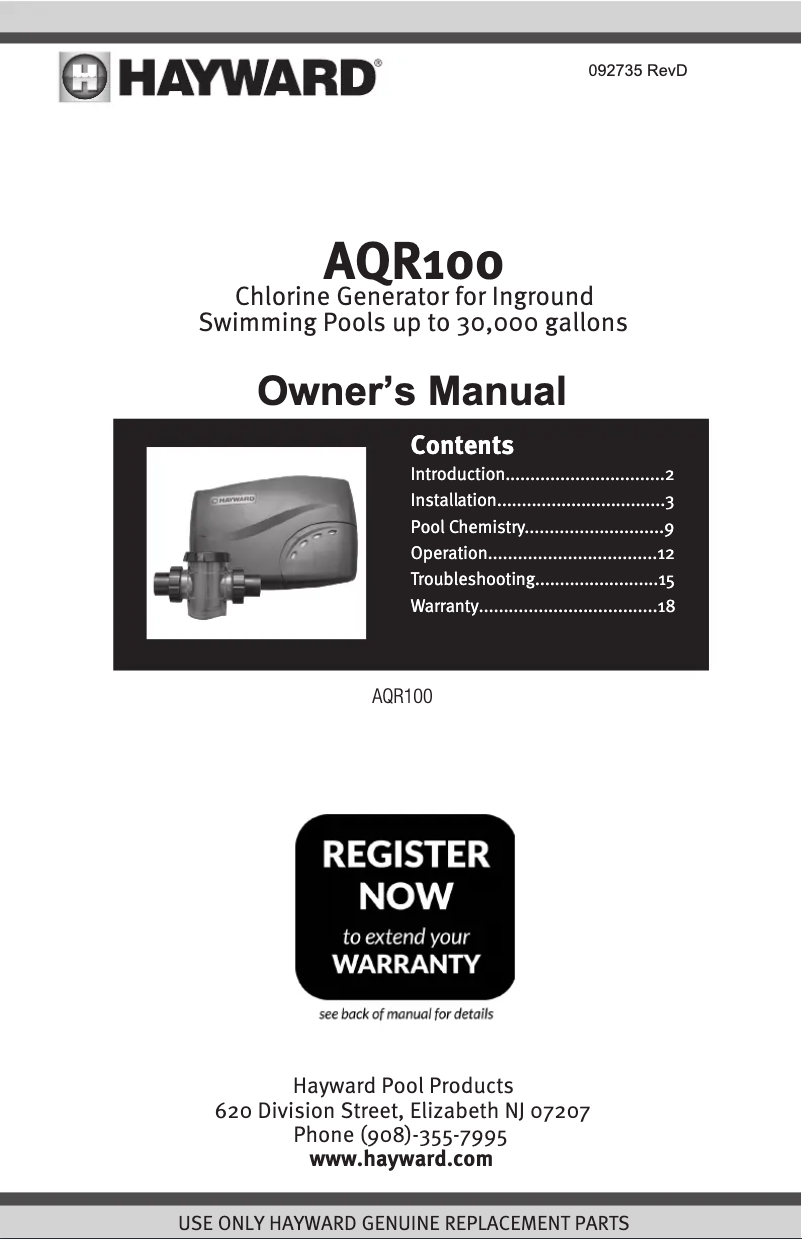 Page 1 of the manual Brochure Hayward AquaRite 100