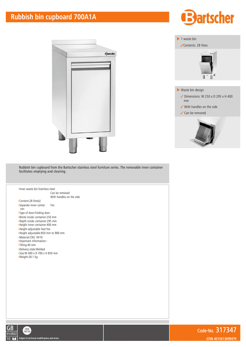 Page 1 of the manual Technical Sheet Bartscher 317347