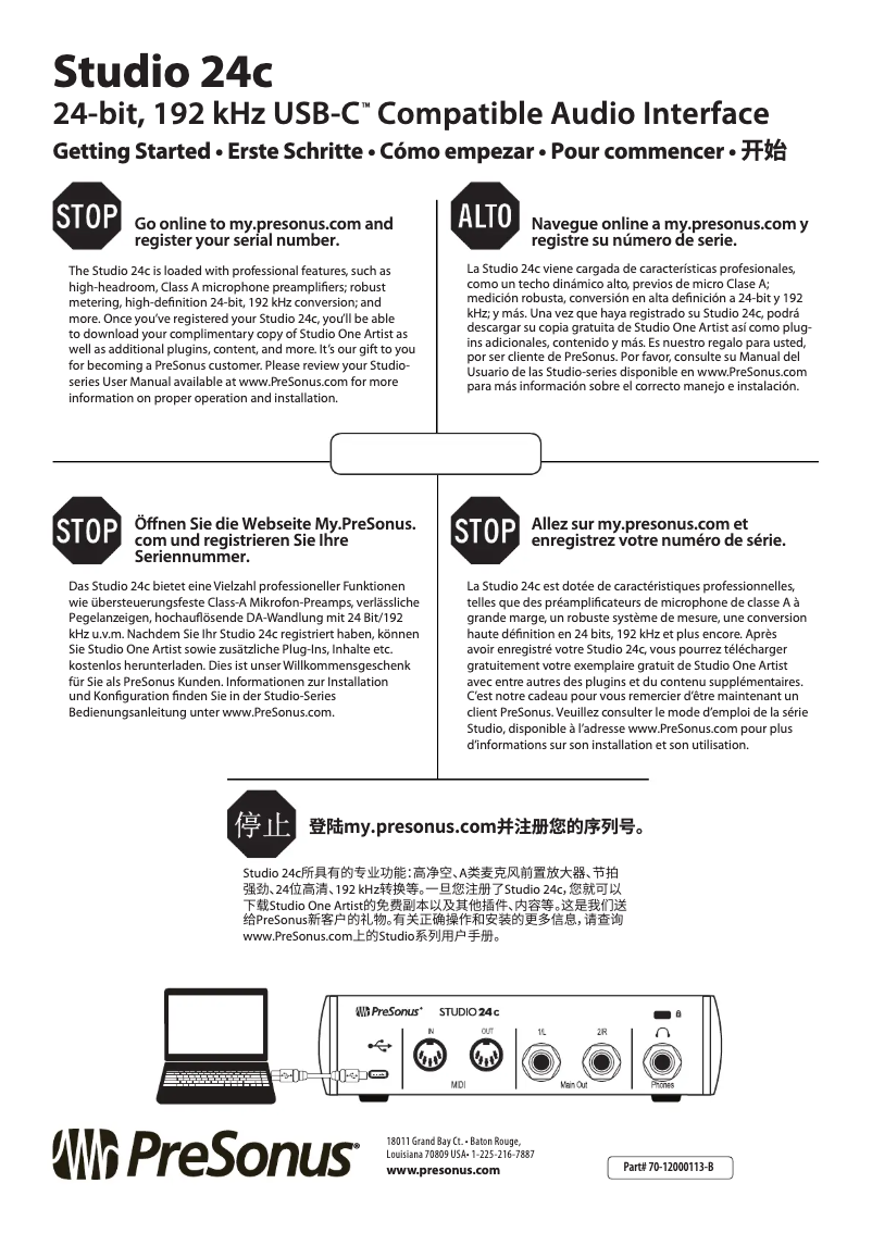 Page 1 of the manual Quick Start Guide PreSonus Studio 24c
