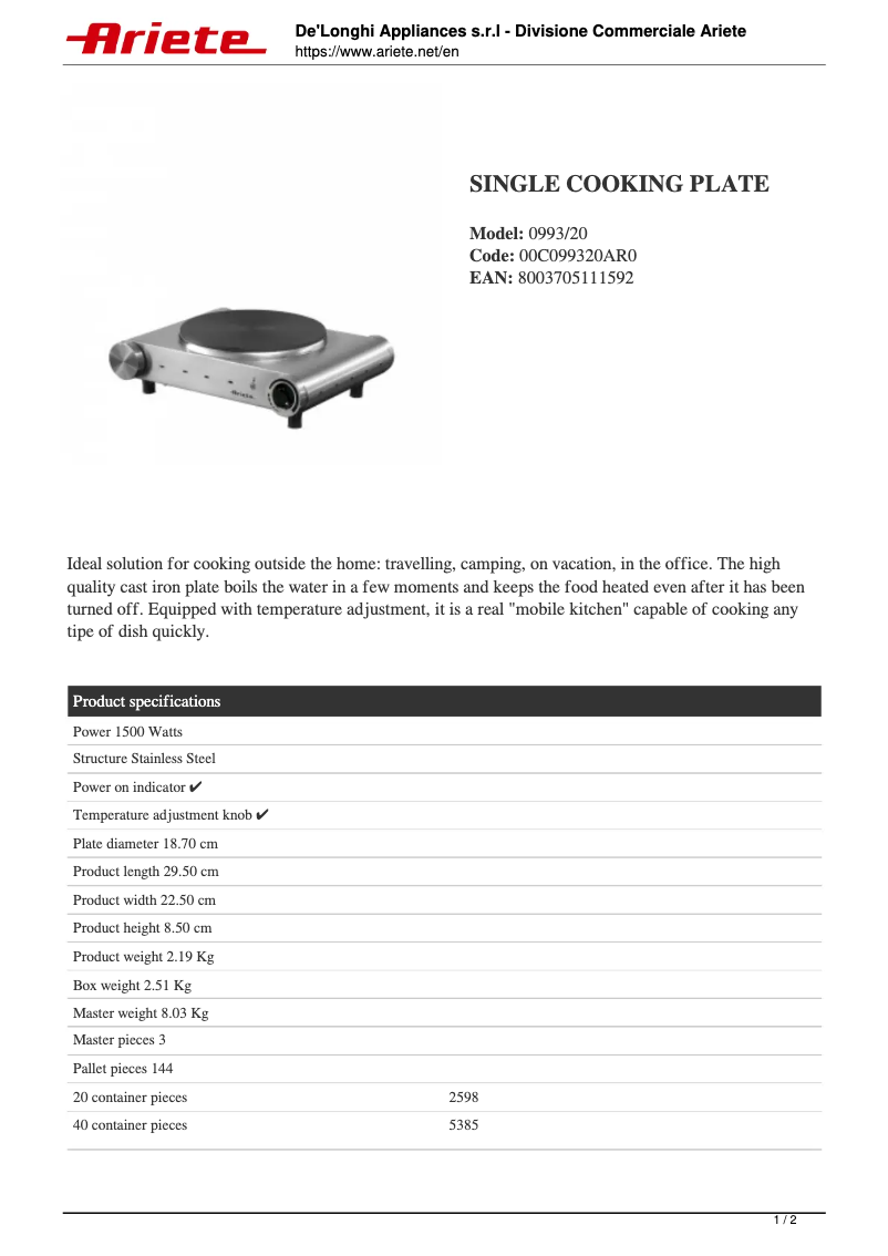 Page 1 of the manual Technical Sheet Ariete 993