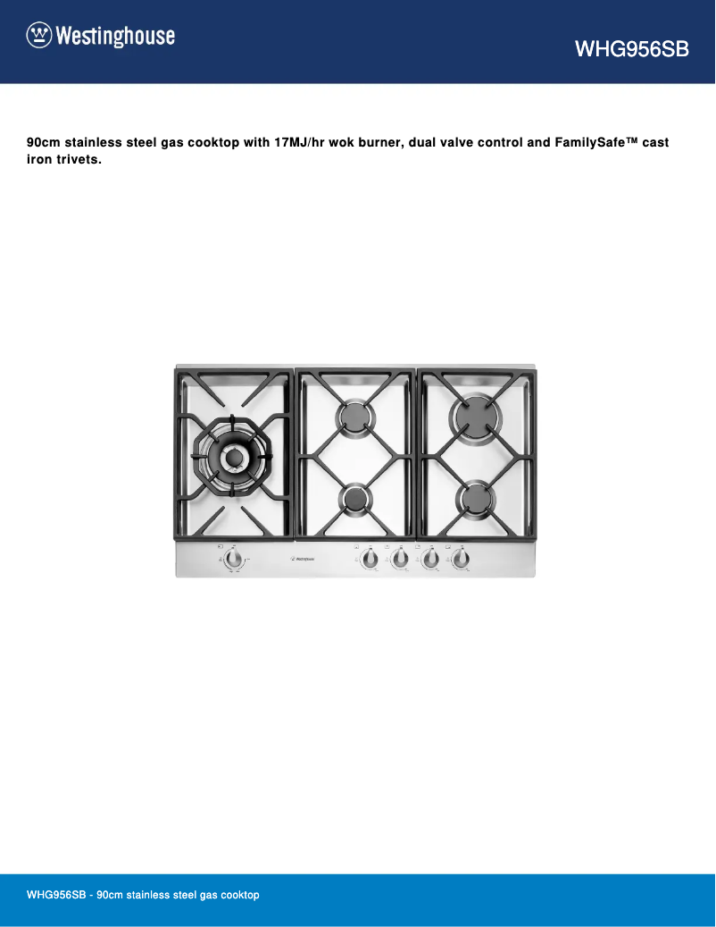 Page 1 of the manual Technical Sheet Westinghouse WHG956SB