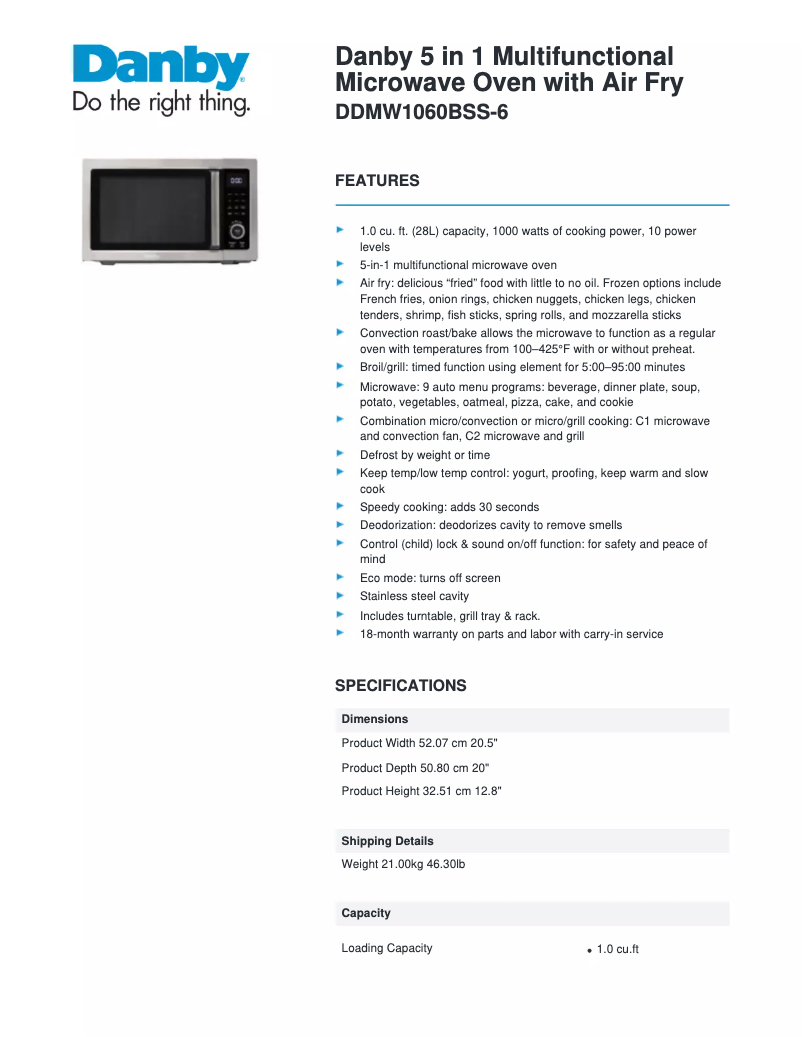 Page 1 of the manual Technical Sheet Danby DDMW1060BSS-6