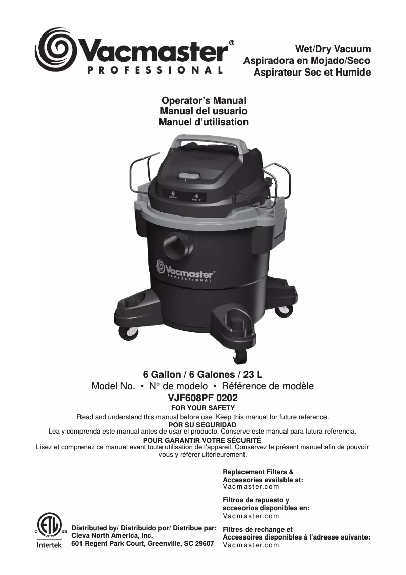 Page 1 of the manual User Manual Vacmaster Professional VJF608PF 0202