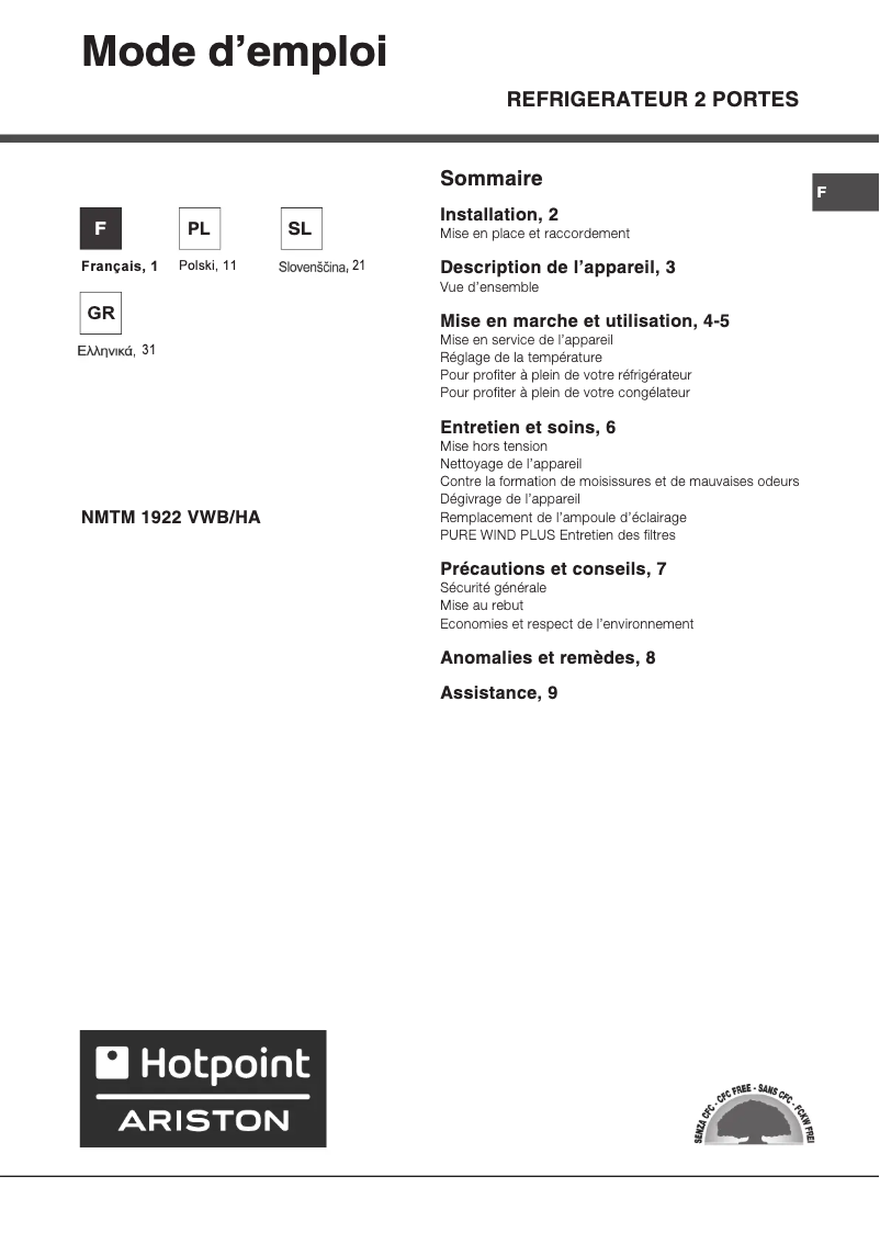 Page 1 of the manual User Manual Hotpoint NMTM 1922 VWB/HA