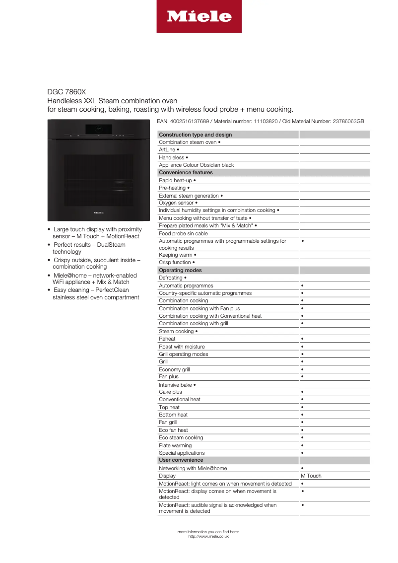 Page 1 of the manual Technical Sheet Miele DGC 7860X