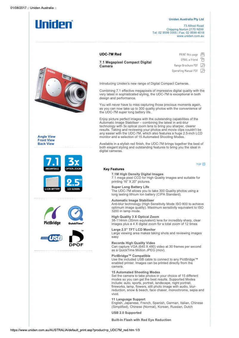 Page 1 of the manual User Manual Uniden UDC-7M Red
