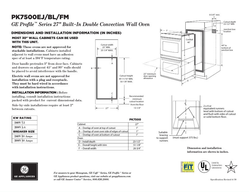 Page 1 of the manual Technical Sheet GE Profile PK7500EJES