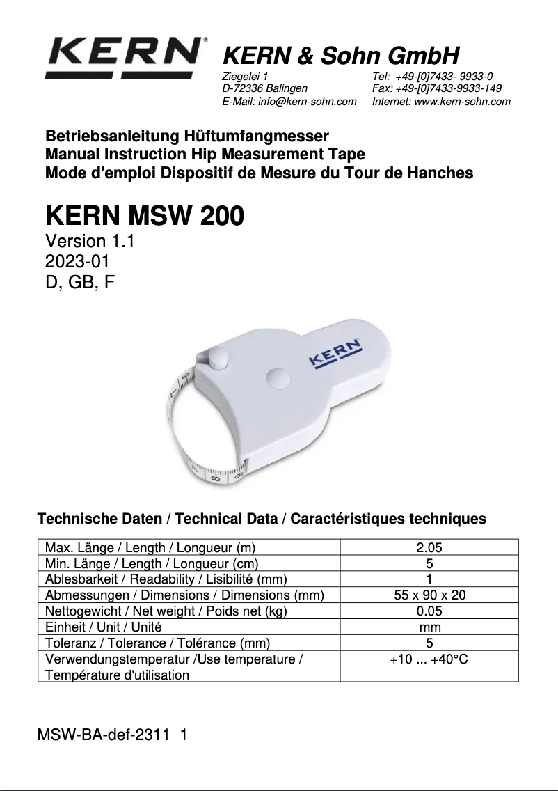 Page 1 of the manual User Manual Kern MSW 200S05
