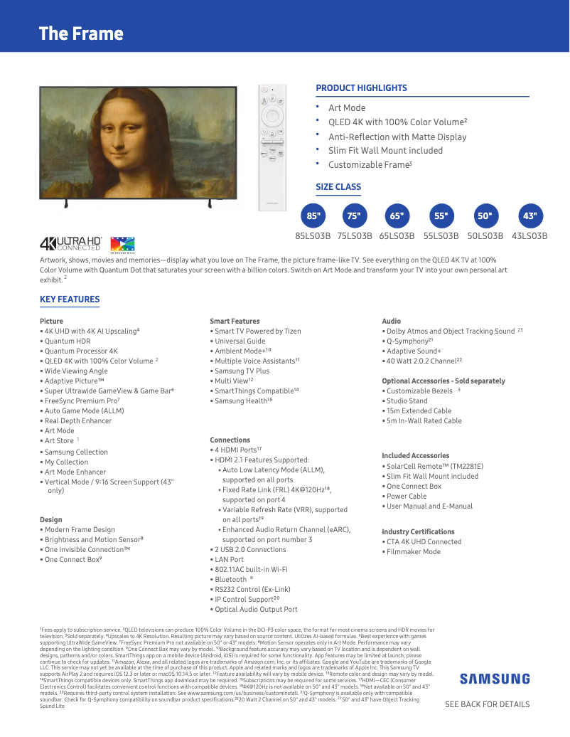 Page 1 of the manual Technical Sheet Samsung The Frame QN32LS03B