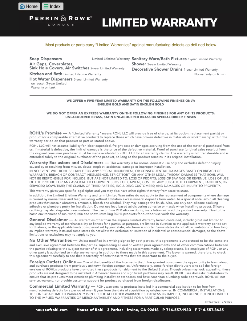 Page 1 de la notice Informations de garantie Rohl R7903SLM