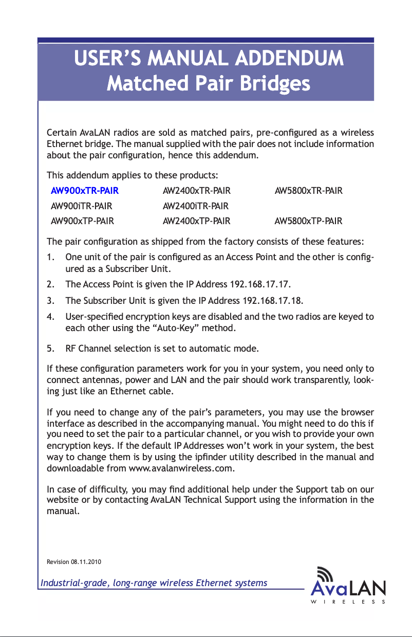 Page 1 of the manual User Manual AvaLAN AW900XTR-Pair