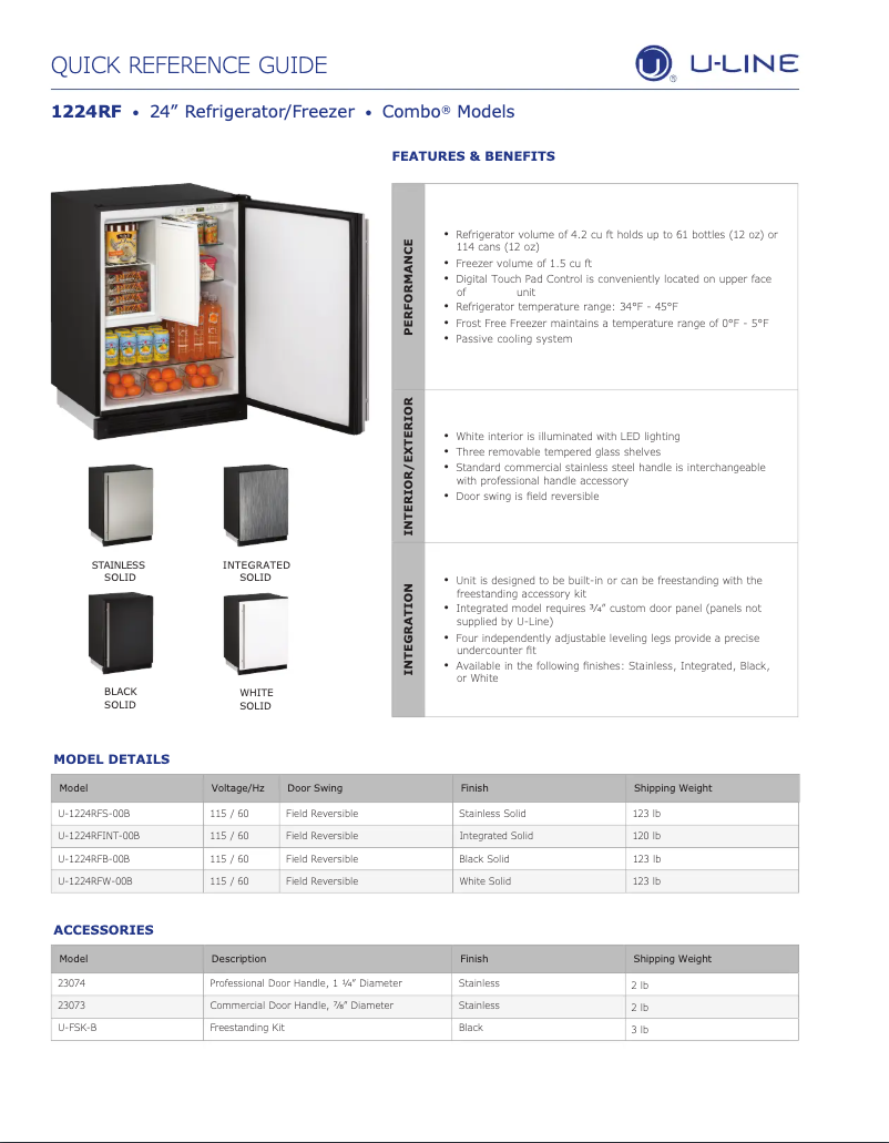Page 1 of the manual Technical Sheet U-Line U-1224RF