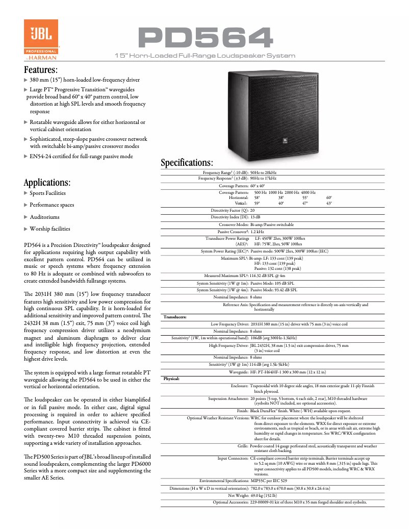 Page 1 of the manual Technical Sheet JBL PD564