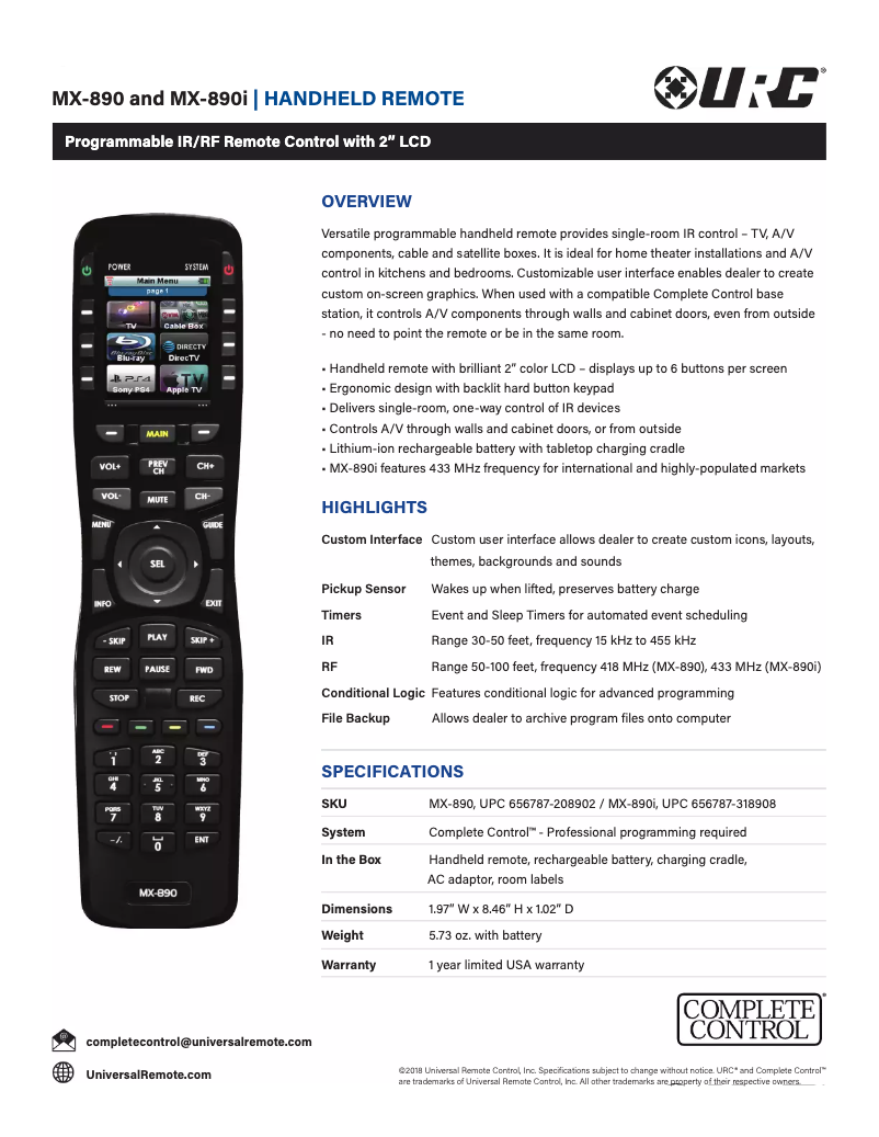 Page 1 of the manual Technical Sheet Universal Remote Control MX-990