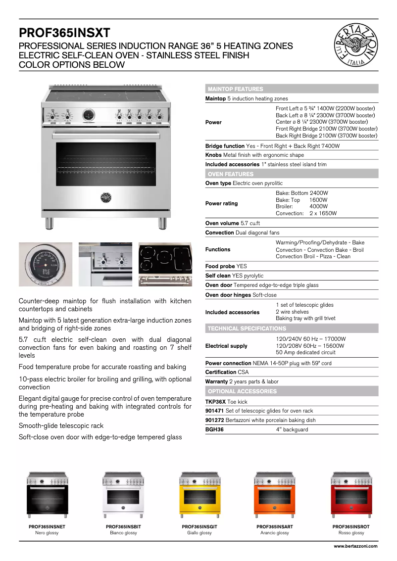 Page 1 of the manual Technical Sheet Bertazzoni Professional PROF365INSGIT
