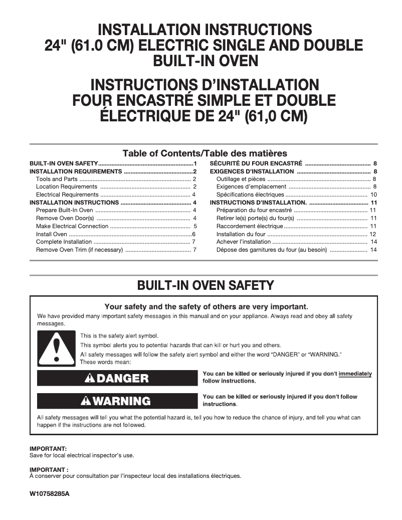 Page 1 of the manual Installation Guide Whirlpool WOD51ES4EW