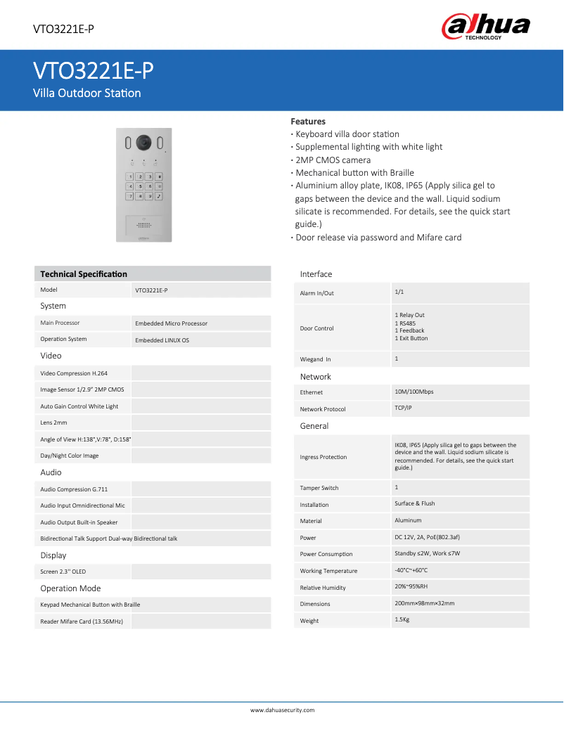 Page 1 of the manual Technical Sheet Dahua Technology VTO3221E-P