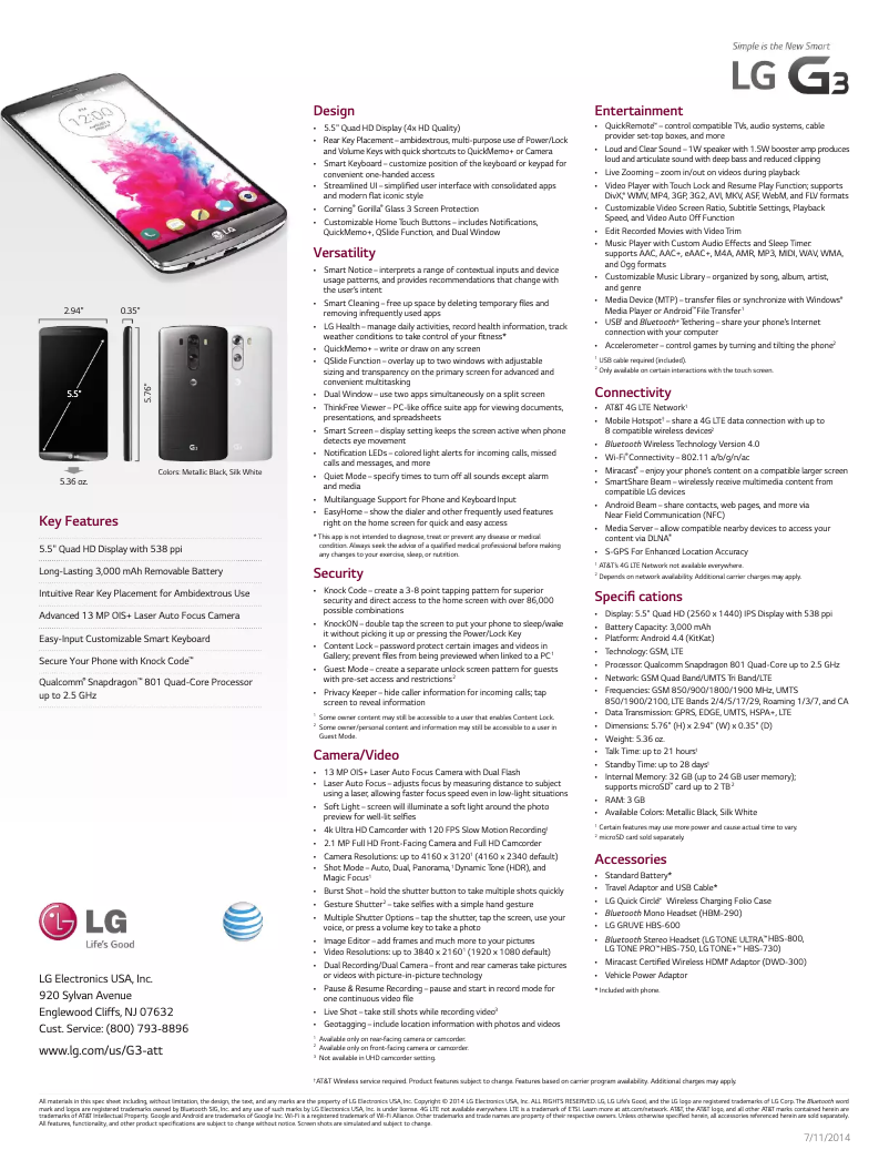 Page 1 of the manual Technical Sheet LG G3