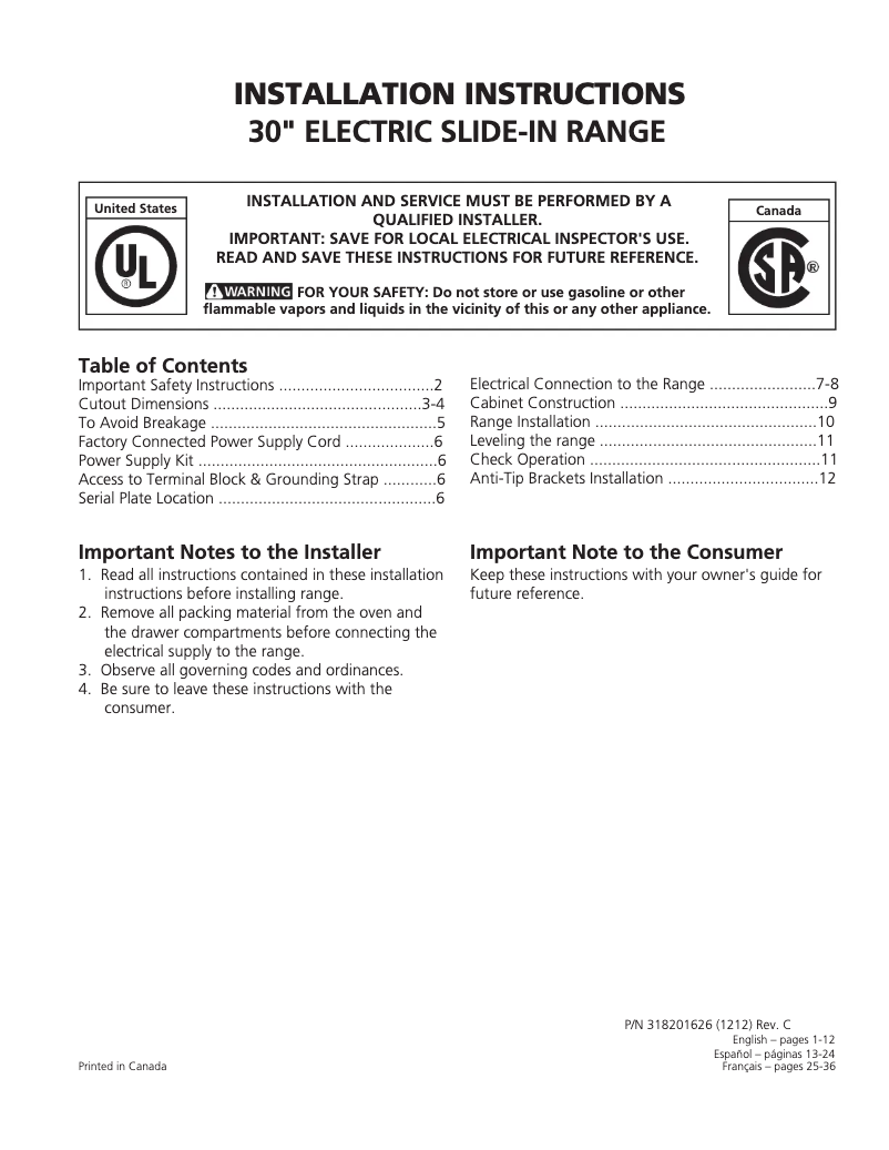 Page 1 of the manual Installation Guide Electrolux EW30IS65JS