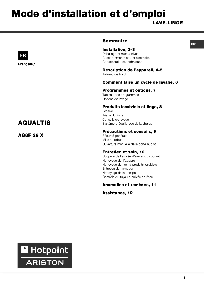 First page image of the manual for AQ8F 29 X FR