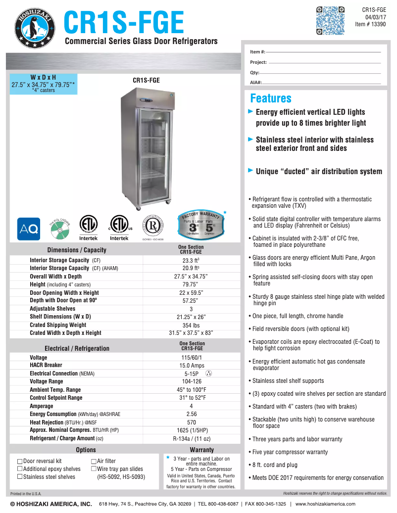 First page image of the manual for Commercial CR1S-FGE